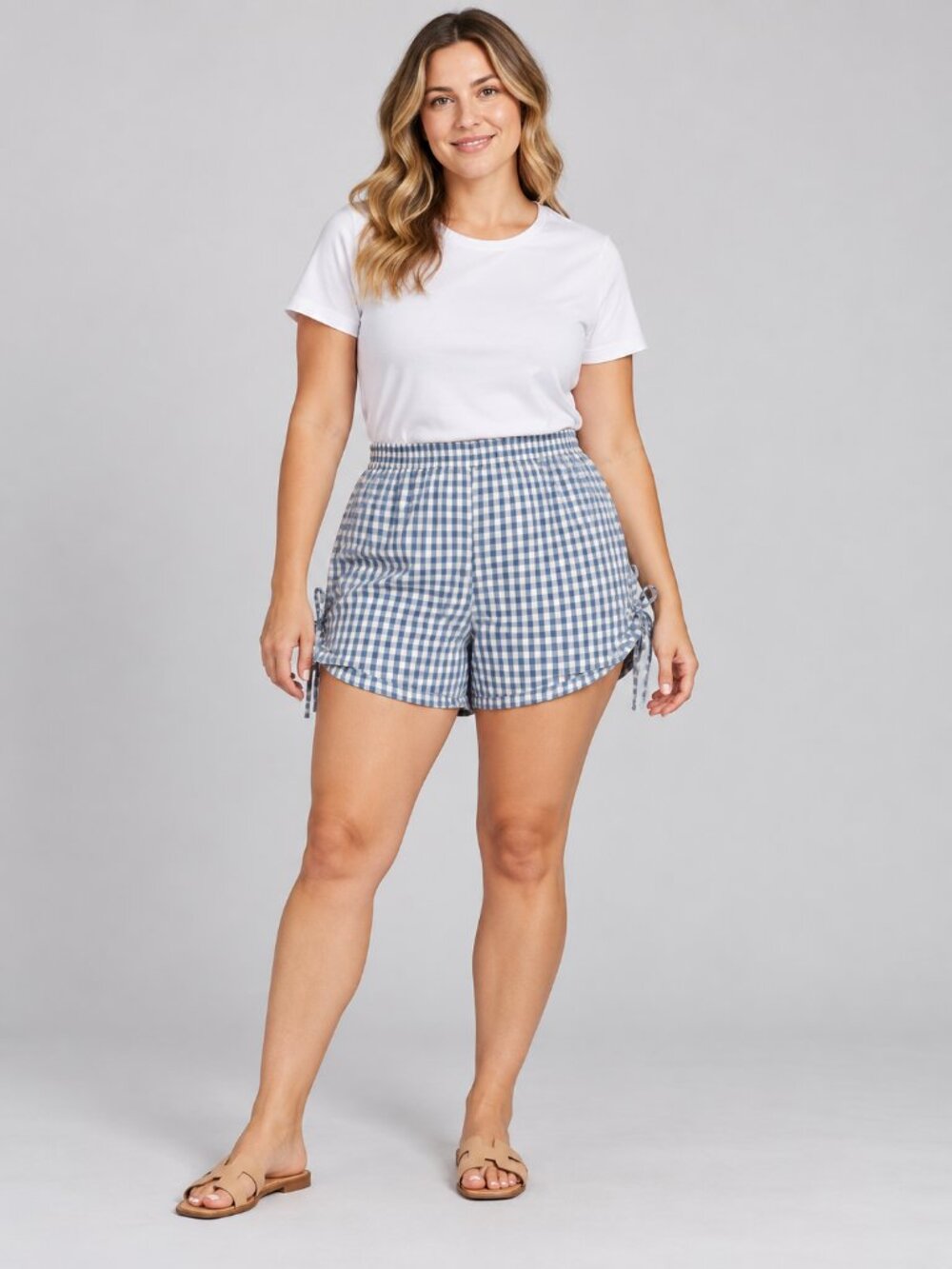 Light Blue Gingham High-Waist Tie-Side Women's Shorts‎
